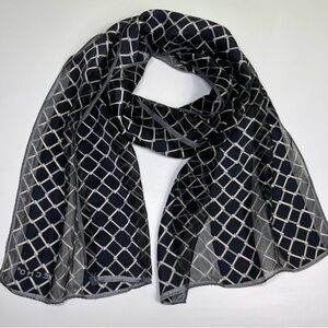 Vintage Echo Silk Scarf Black Cream Geometric Grid Lightweight 11X50